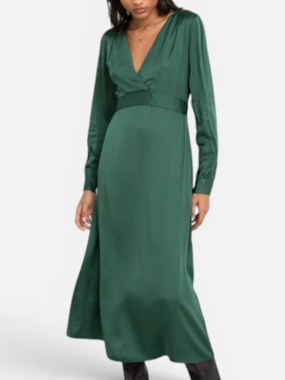 & Other Stories Paris Atelier Emerald Green Satin V Neck Midi Dress US 6